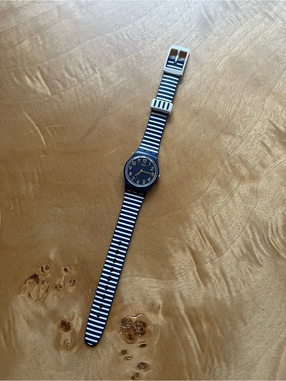 Swatch Watch: Striped Navy & White Analog Watch
